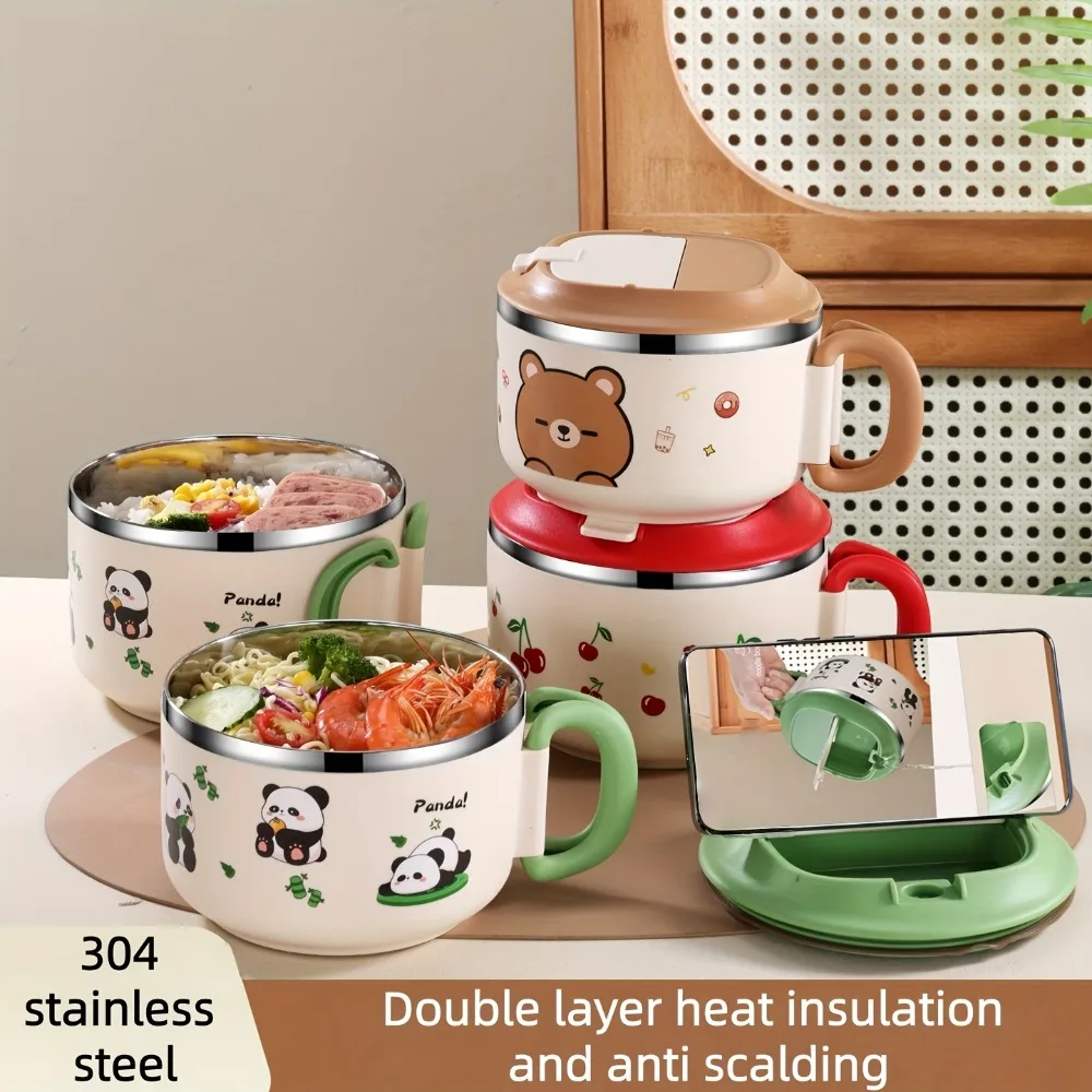 Tazón de Fideos Instantáneos con Diseño de Panda, Tazón de Fideos de Acero Inoxidable 304 con Tapa y Asa para Sopa Udon, Miso, Tailandesa o Pho