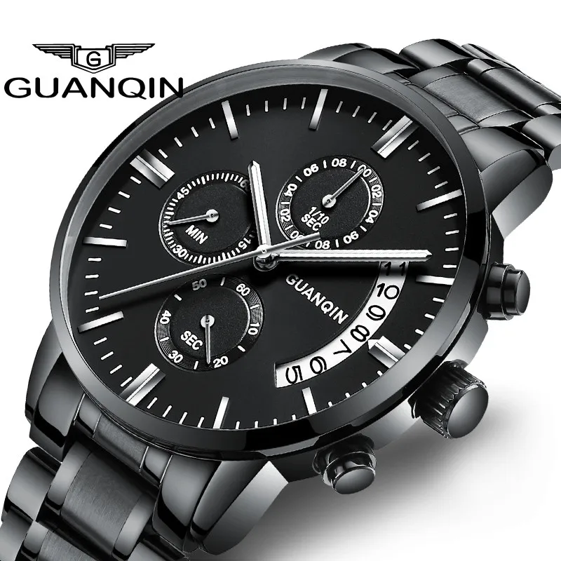 GUANQIN Top Brand Sport 50M Waterproof Chronograph Quartz Stainless steel watch for men Luminous Multifunctional Luxury Watches