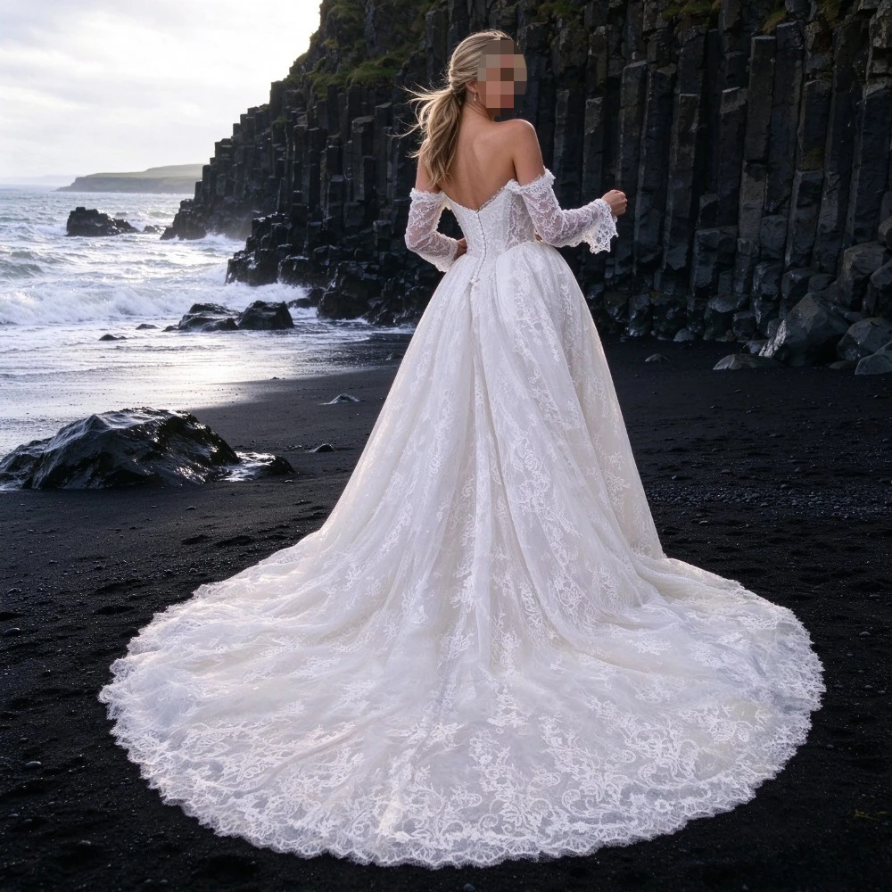 Customized Lace Off Shoulder Long Sleeved Strapless White Wedding Dress 2026 Large Tail A-line Bridal Gown Suitable for Beach