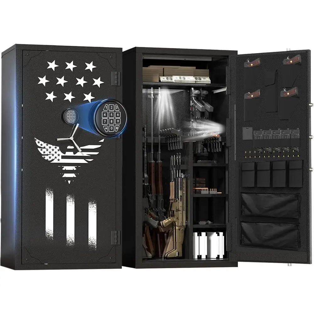

Сейф для оружия большой вместимости (на 30-40 пистолетов) с отсеками для ружей и винтовок, съемными полками, бесшумной работой, внешним аккумулятором и LED-подсветкой