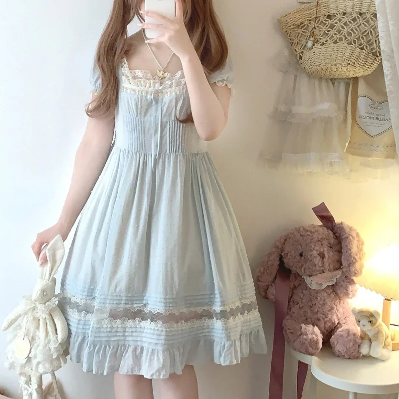 Abito da donna giapponese Kawaii carino in pizzo collo quadrato dolce elegante Lolita Mini abiti da fata abito da principessa per feste estive coreane