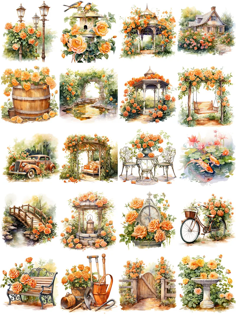 20Pcs/Pack Orange Rose Garden Sticker DIY Craft Scrapbooking Album Junk Journal Decorative Stickers