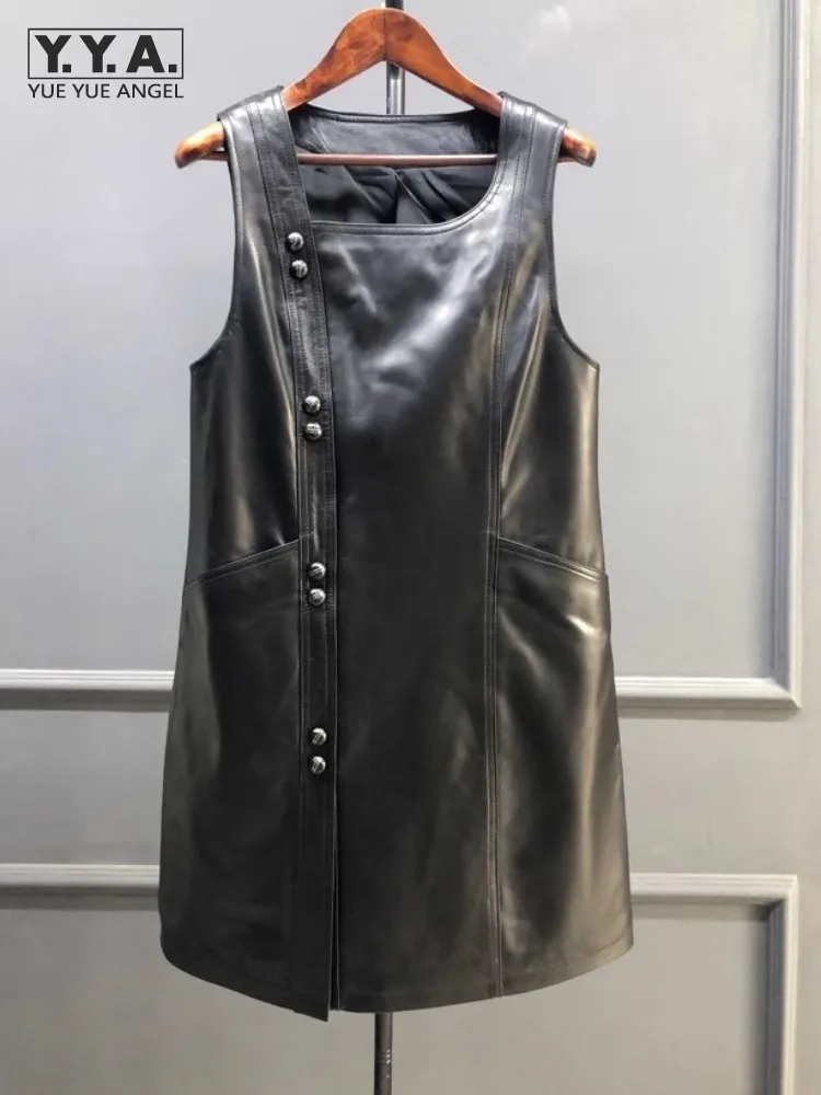 Women Genuine Leather Dress Sleeveless Square Neck A-Line Short Dresses Spring Autumn Sheepskin Sweet Casual Black Tank Dress