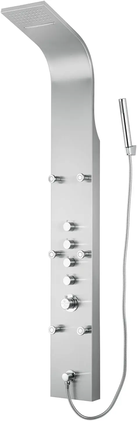 64.5” Stainless Steel SPS8879 Thermostatic Shower Panel with Rainfall Shower Head, Body Nozzles, and Handheld Shower Head