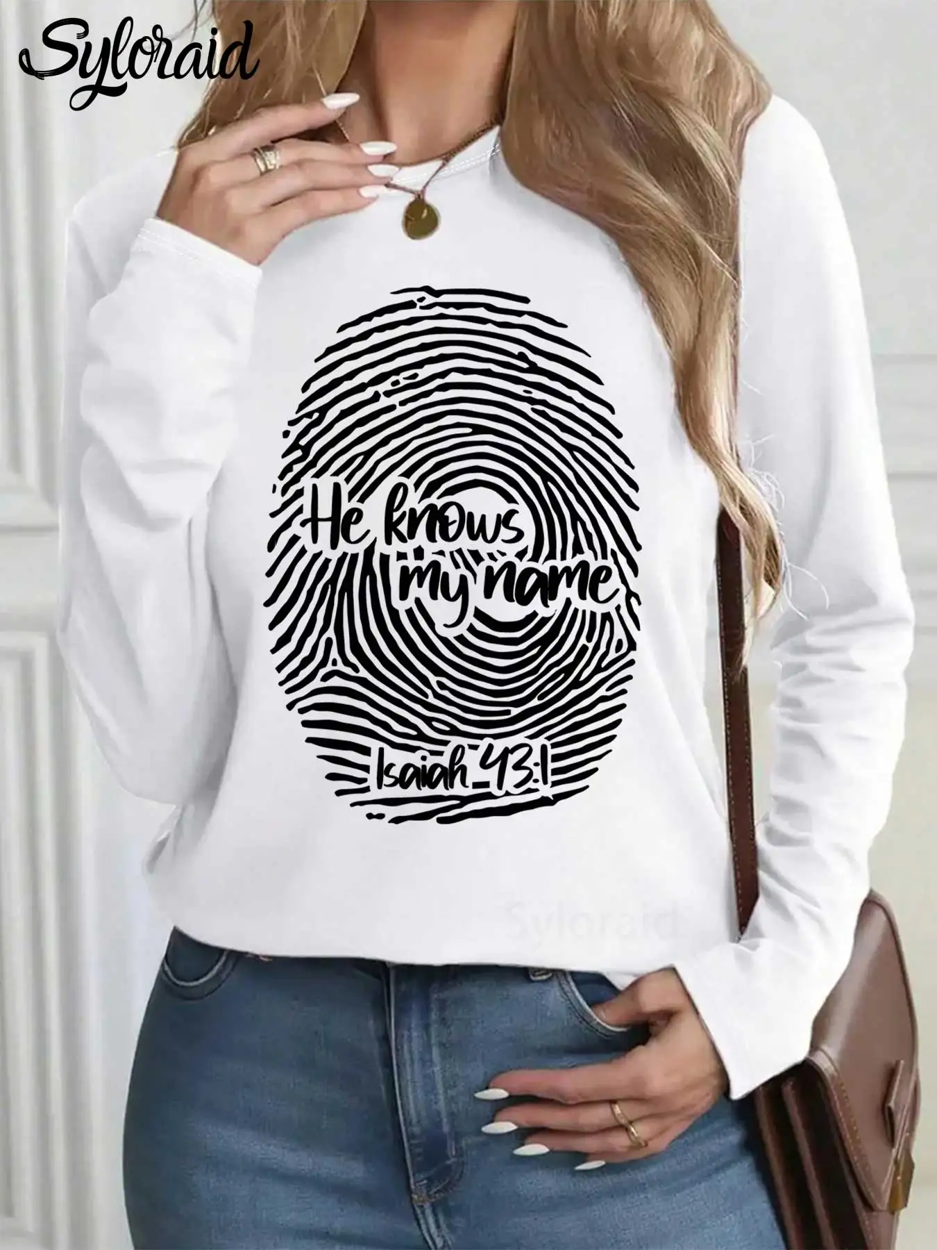 レディース長袖Tシャツ イザヤ43:1 Tシャツ キリスト教シャツ 彼は私の名前を知っているTシャツ ファッションラウンドネックカジュアルトップ