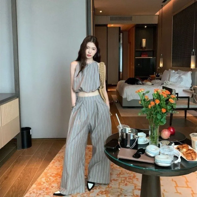 Temperament Vertical Striped Drawstring Top for Women Tanks Vest Tunic Summer Wide Leg Pants 2 Piece Sets Womens Outfits Suit