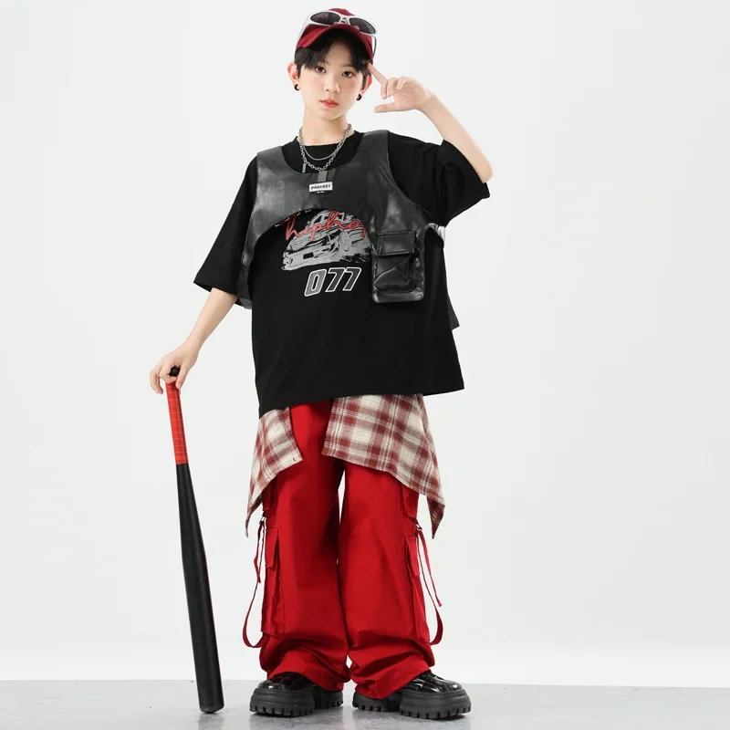 Ragazzi Abbigliamento Hip Hop Pantaloni cargo rossi Ragazze K-pop Abiti da ballo di strada Set di vestiti per bambini Spettacolo per bambini Costumi di scena streetwear