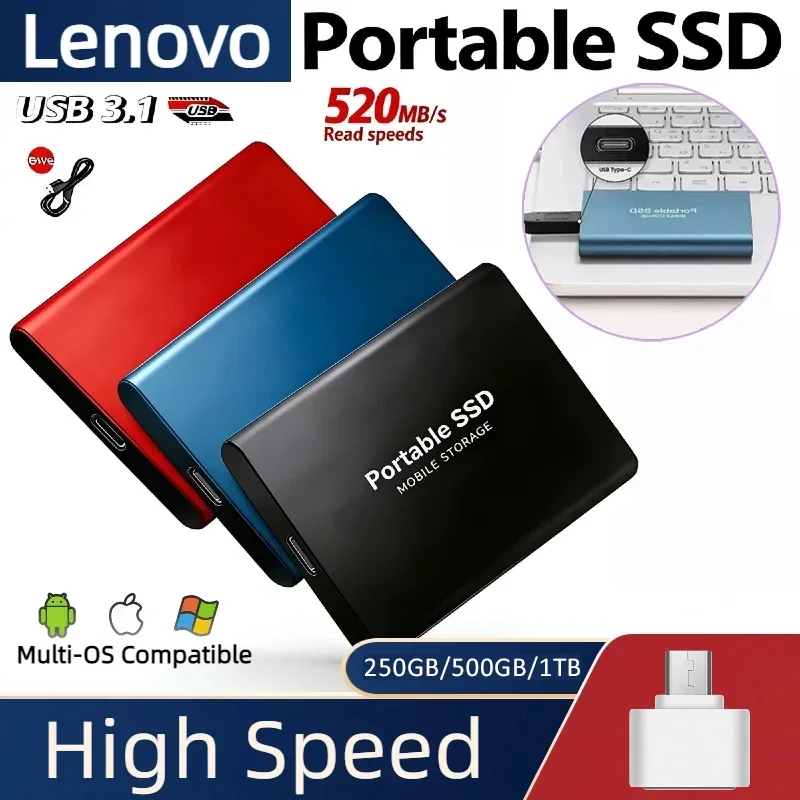 

Внешний твердотельный накопитель Lenovo 1 ТБ/2 ТБ, высокоскоростной жесткий диск USB 3.1, портативный SSD для ПК/ноутбука/Mac/телефона