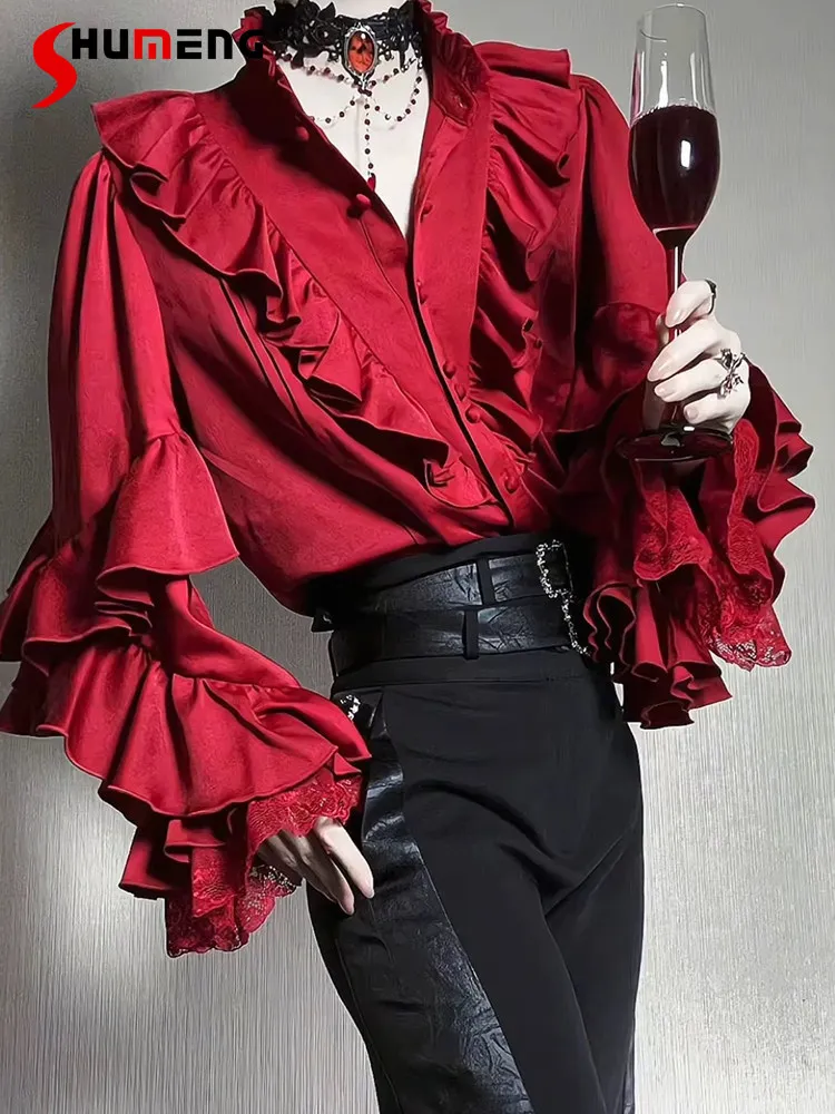 

Lolita Gothic Party Red Long Sleeve Shirt Women's Vintage Elegant Court Style Lace Patchwork Blouse Tops Spring and Autumn