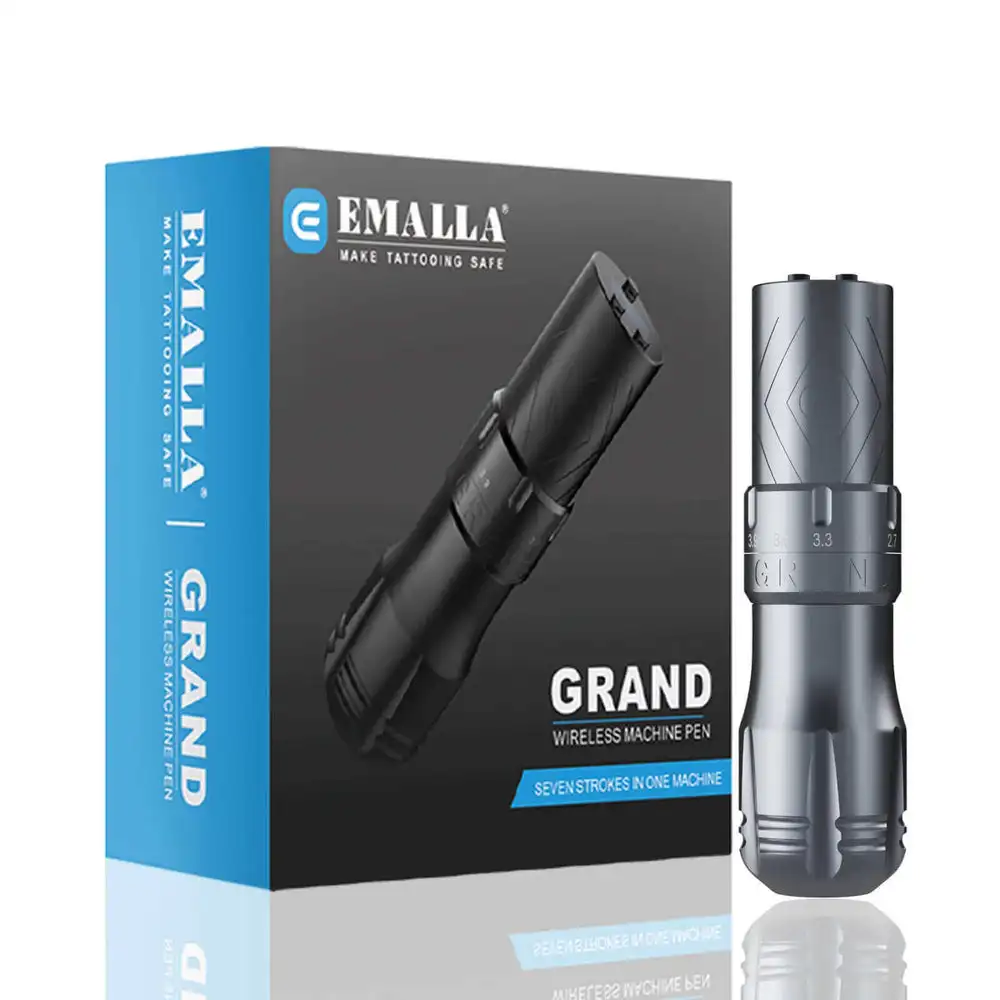 EMALLA GRAND Silver Wireless Tattoo Pen Machine Adjustable 7 Strokes Brushless Motor 1800mAh Rechargeable Battery Tattoo Machine