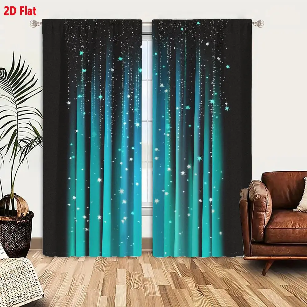 2Pcs Curtains 2D Flat Ethereal Abstract Digital Art With Glowing Teal And Cyan Light Beams And White Star Dust On Dark Gray Back