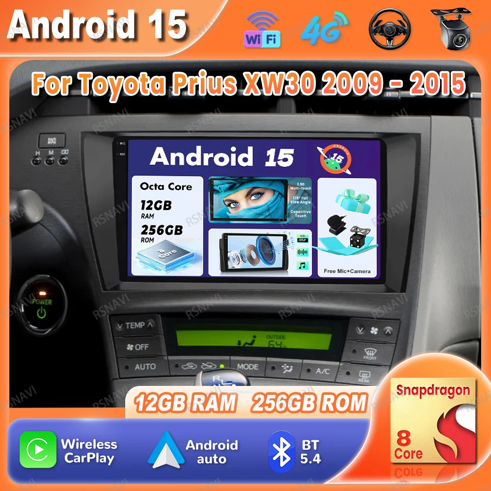 

Автомобильный радиоприемник Android 15 для Toyota Prius XW30 2009-2015 GPS BT Беспроводной Carplay Авто головное устройство 4G LTE DSP QLED DVD-навигация
