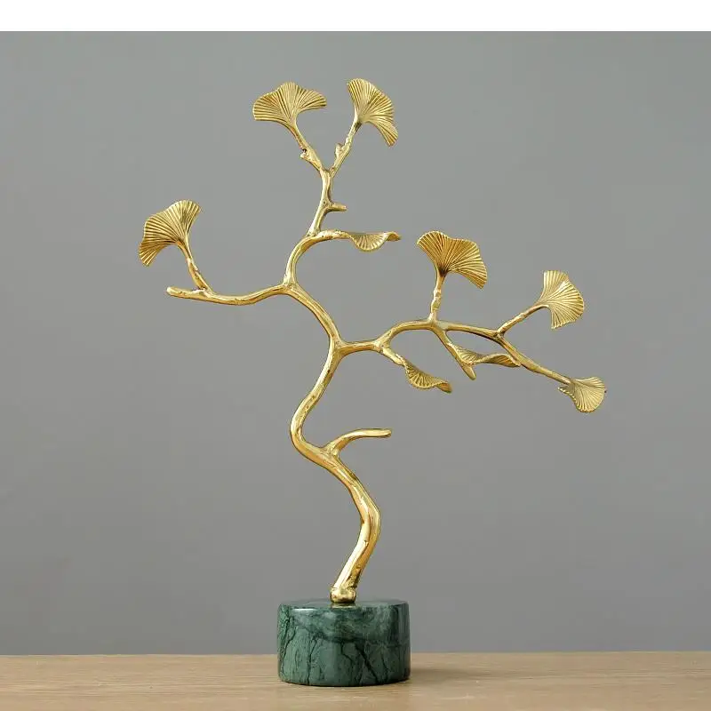 Metal crafts ornaments Simulation tree Ginkgo biloba Golden branches brass Marble base Accessories storage Home Decoration