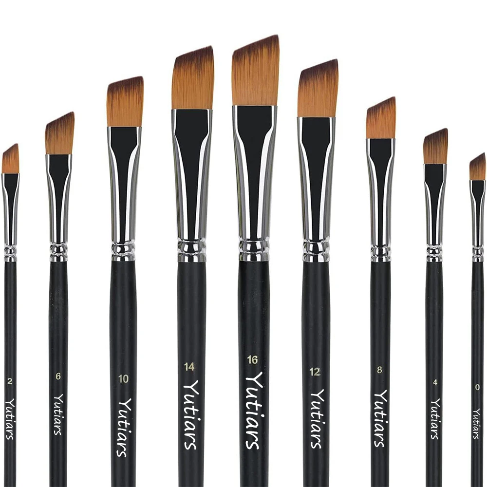 9-Piece Angled Paint Brush Set with Long Handles and Anti-Shedding Synthetic Nylon Bristles, Suitable for Acrylic, Watercolor