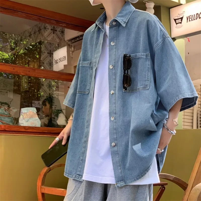 Summer New Fashion Brand Retro 3/4 Sleeve Shirt Coat Hong Kong Style Denim Short Sleeved Shirt