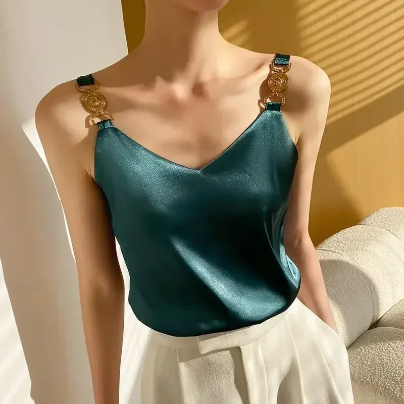 Cami Top V-neck Solid Fashion Sleeveless Top Women Temperament Elegant Office Lady Backless Top Silk Spaghetti Camis Summer 2024