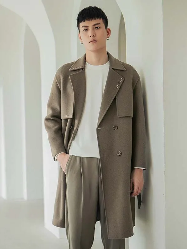 

Men's Woolen Coat Korean Sle Double-Sided Fce Medium-Length Thi Winter Faion Outerwear Warm Youthful Long Sve