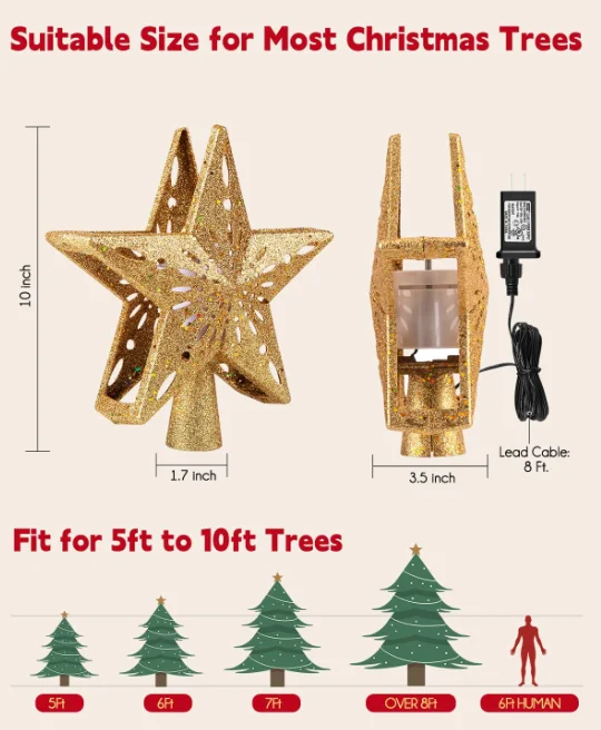 Pentagram Christmas Tree Decoration Snowflake Projection Modes, LED Rotating Lights a Gold-plated Clamp on the Top of the Tree