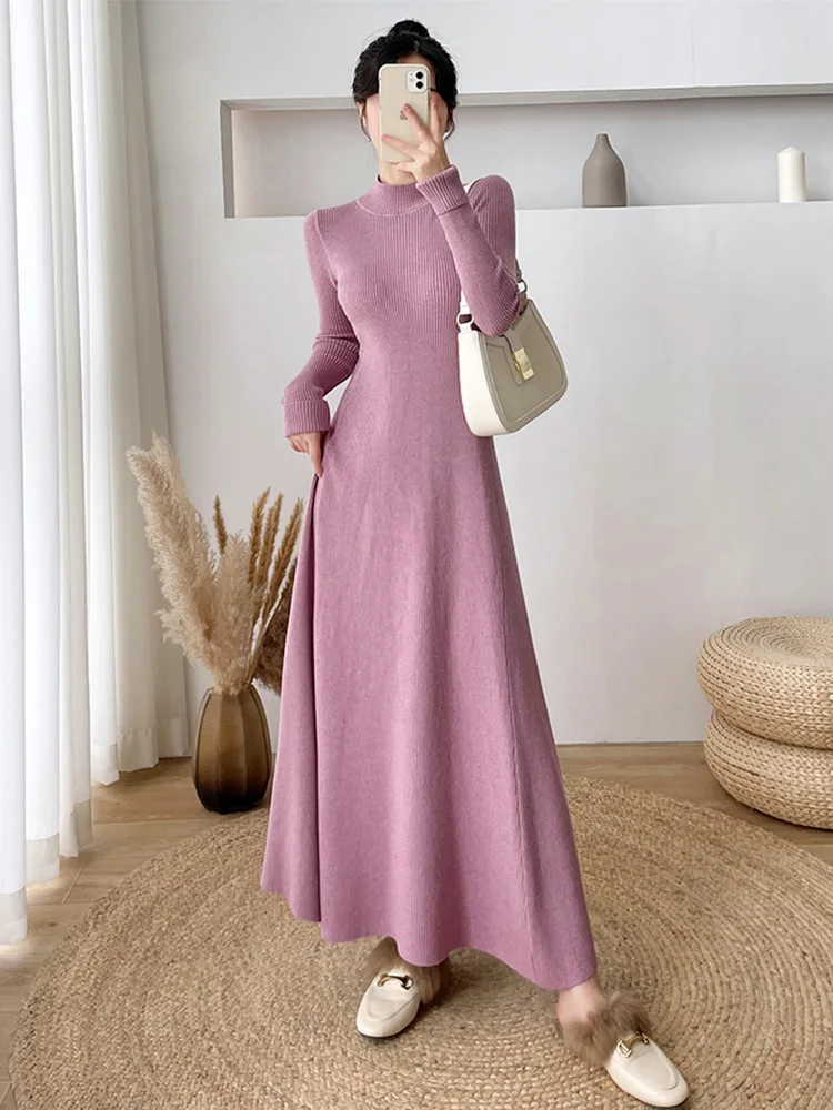 Gaun Sweater Panjang Wanita Baru yang Elegan Musim gugur Musim dingin Busana Hangat Setengah Kerah Tinggi Kerah Panjang Ramping Gaun Rajutan Ramping Gaun Aprikot