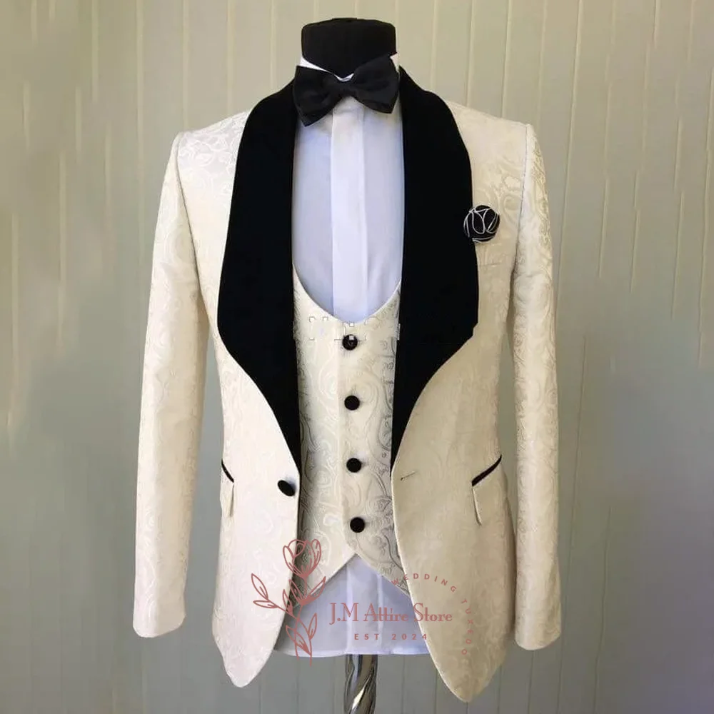Premium Men's Suit 3 PCS Jacquard Paisley Black Velvet Shawl Lapel Blazer Pants Set for Wedding Groom Party Prom Custom Tuxedo