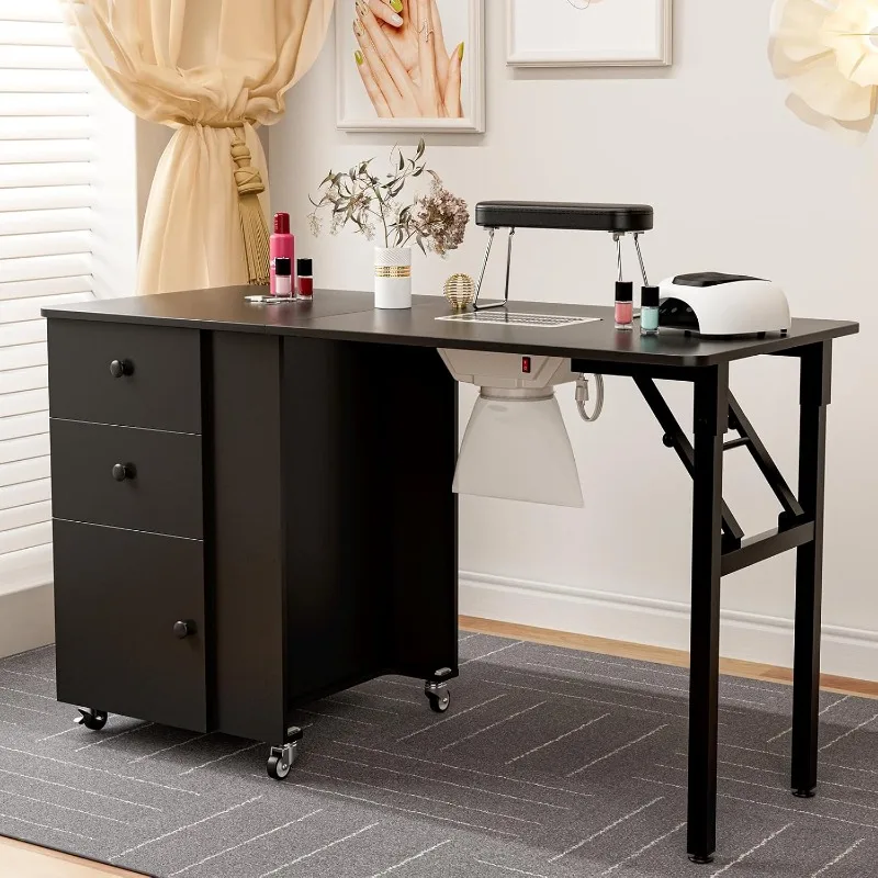 Foldable Manicure Table Nail Table,Folding Nail Desk Station for Nail Tech w/Electric Downdraft Vent,Lockable Wheels