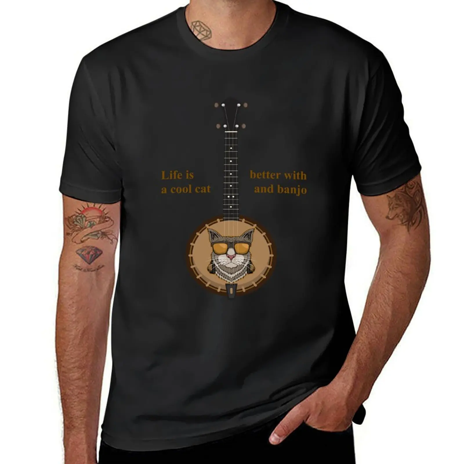 Cool cat and banjo T-Shirt plus size tops vintage blacks funnys men clothings