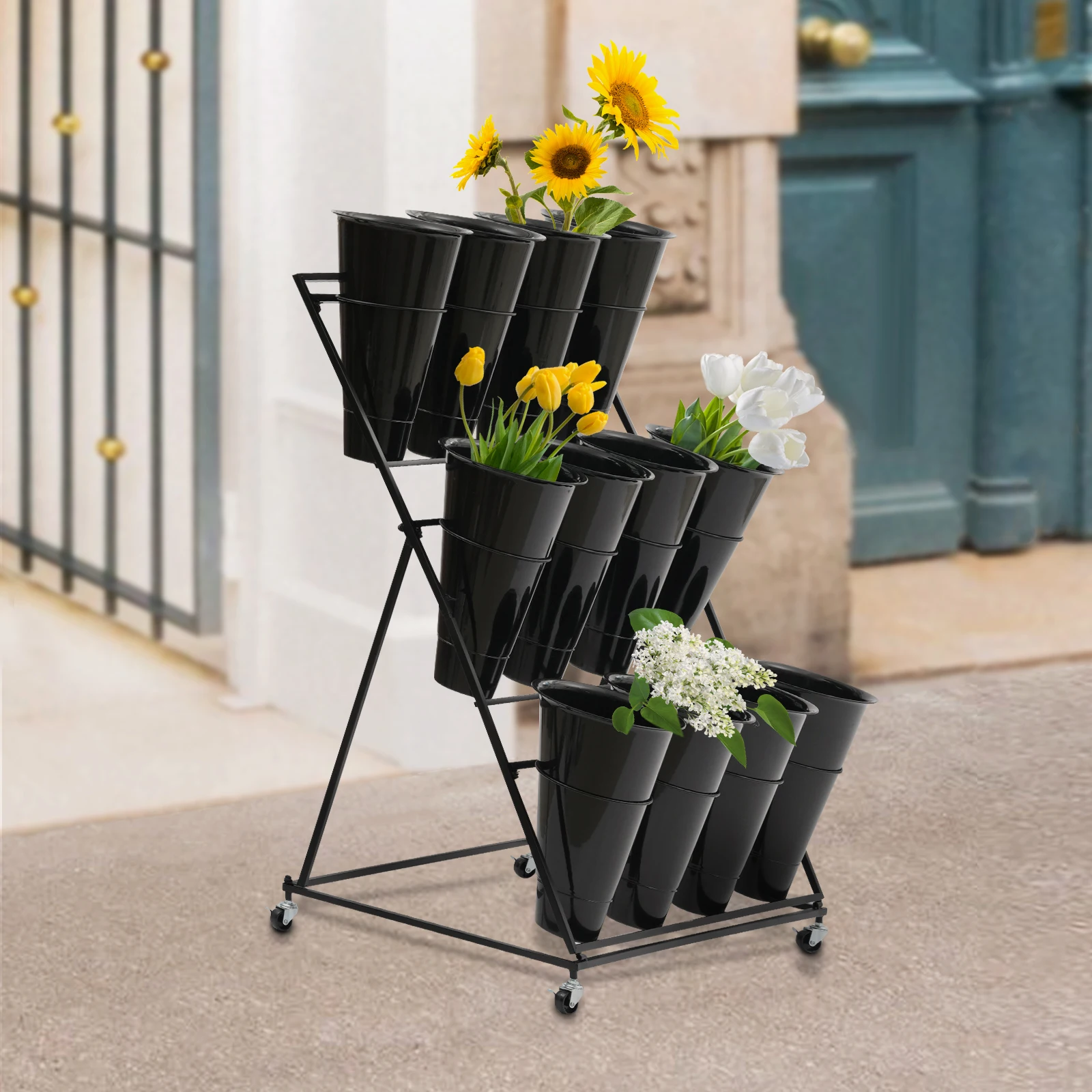 3-Tier Flower Plant Stand Shelf Flower Potted Display Stand with Wheels - 12 x BUCKET For Home Flower Shop Clubs