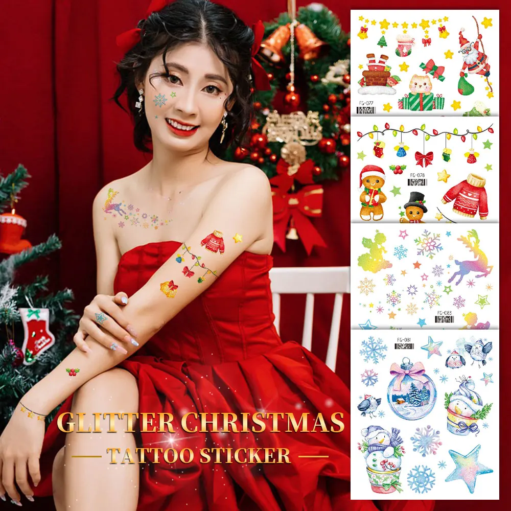 Glitter Christmas Face Tattoo Stickers Women Body Temporary Tattoos Party Decoration Stickers Snowflake Hand Tattoo For Girls