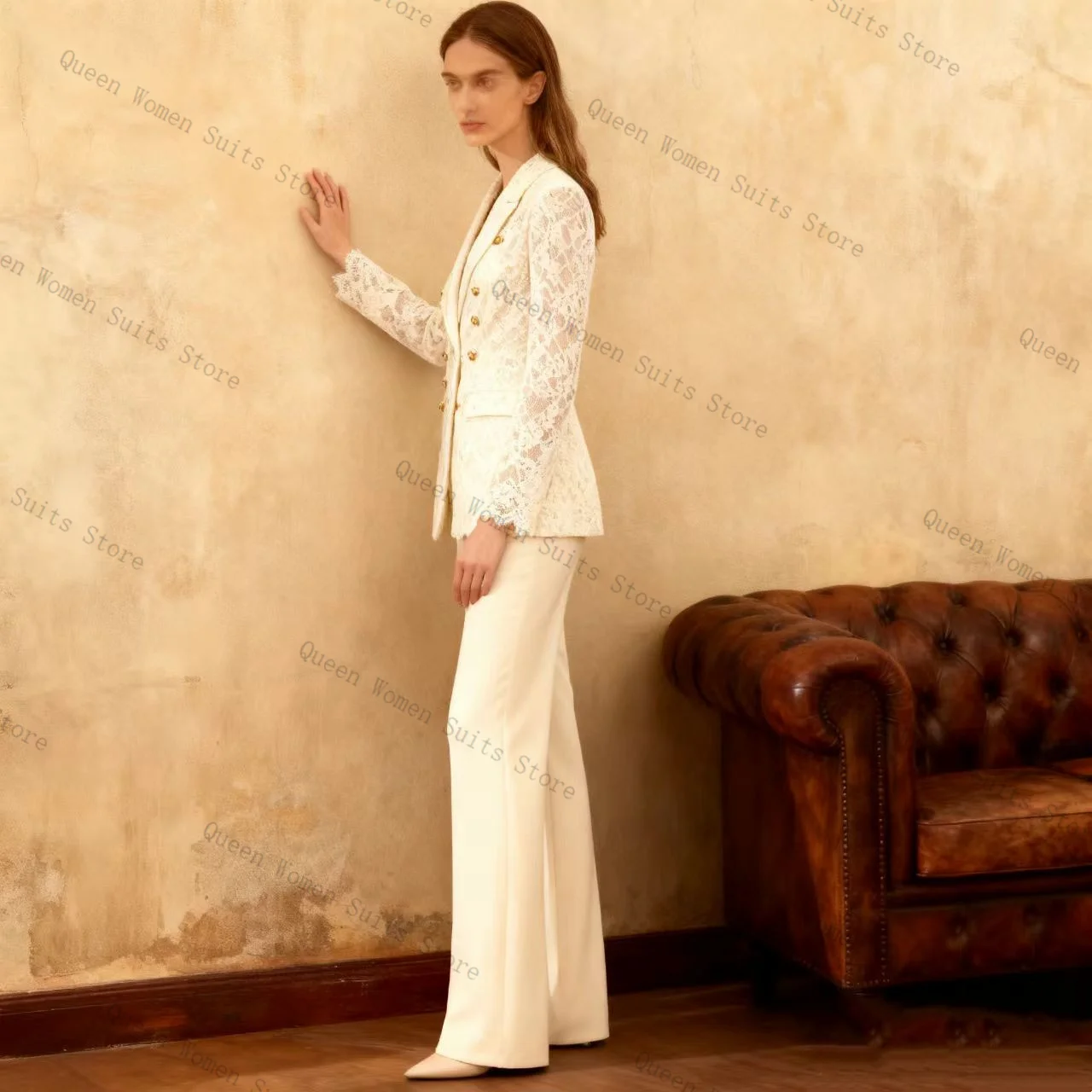 Pantaloni da donna in pizzo bianco Set 2 pezzi Blazer + pantaloni Abito da ballo Giacca da donna formale da ufficio in cotone Cappotto da sposa personalizzato