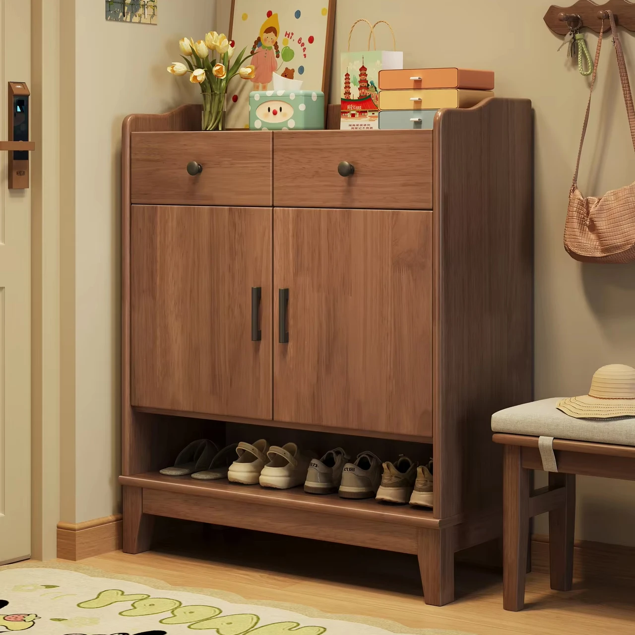 

￥%Solid Wood Entryway Shoe Cabinet with Open Shelf & Drawers - Multi-layer Storage Organizer