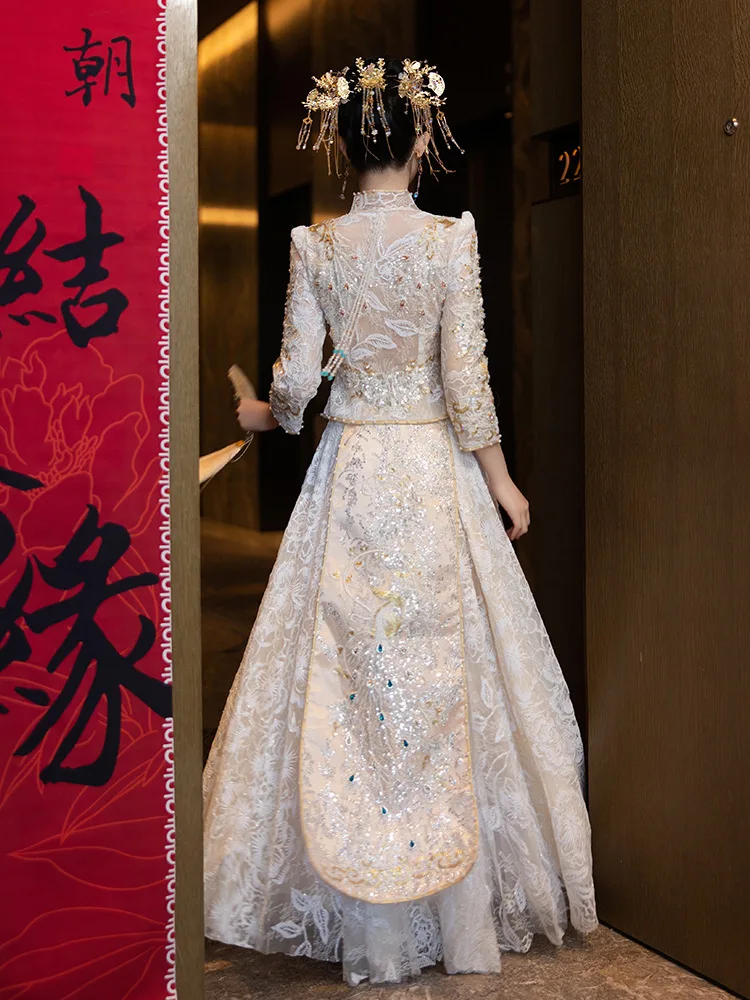 Embroidery Chinese Traditional Dress Wedding Long Cheongsam Bridal Bride Dragon Phoenix Vintage Women китайская одежда