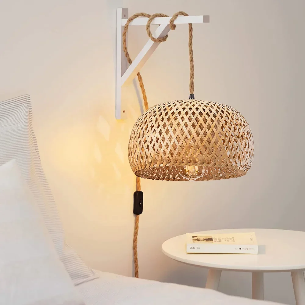 

EU Plug in Hemp Rope Pendant Light Hanging Chandelier Lights Hand Woven Bamboo Lampshade for Living Dinning Room Bedroom Kitchen