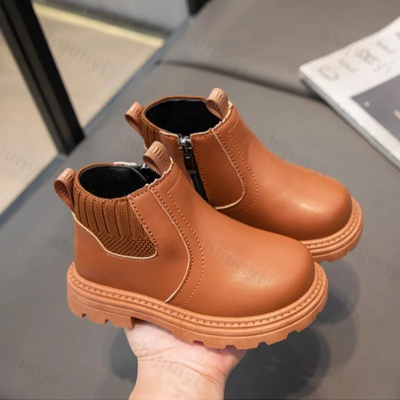 

2025 Autumn Girls Leather Boots Fashion New Side Zipper Retro British Style Childrens Fashion Socks Boots Kids Ankle Boots Botas
