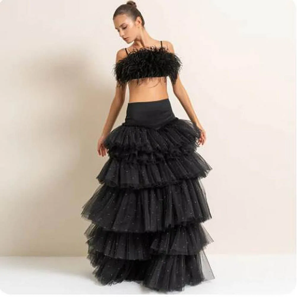 

Halloween Black Sequins Long Birthday Party Skirt Puffy Chic Layered Tulle Ball Gown Ruffled Prom Skirts Without Top