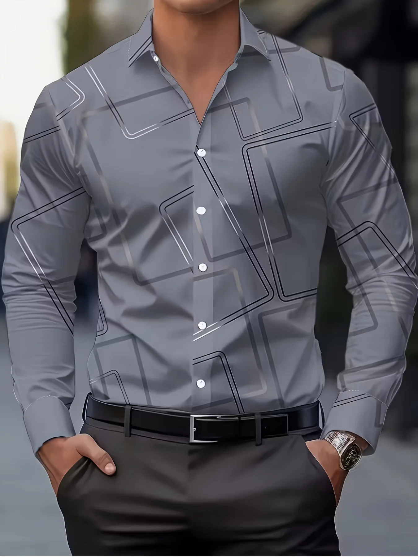 Men Geometric Square Line Print Long Sleeve Shirt Turn‑Down Collar Button‑Up Polyester Business Casual Blouse