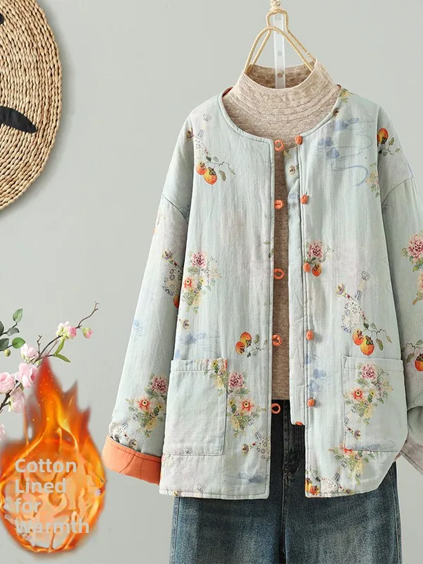 

Thiened Cotton Jaet Women's Winter round Ne Floral Print Traditional Chinese Sle Coat Retro Button Fastening Outerwear