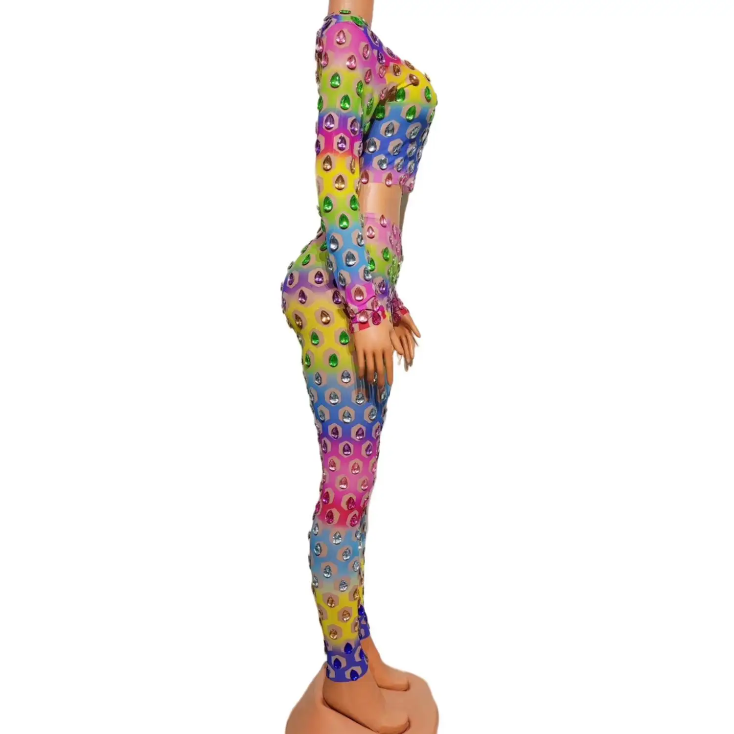 Colorful Rhinestone Transparent Outfit Set Sexy Pants Dance Performance Leggings Outfit Evening Birthday Celebrate Costume Caibi