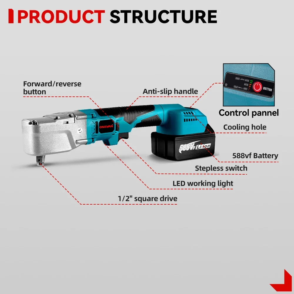 ONEVAN-Cliquet électrique sans balais, vis de retrait sans fil, écrou, réparation de voiture, outils électriques pour batterie Makita 18V, 1/2 en