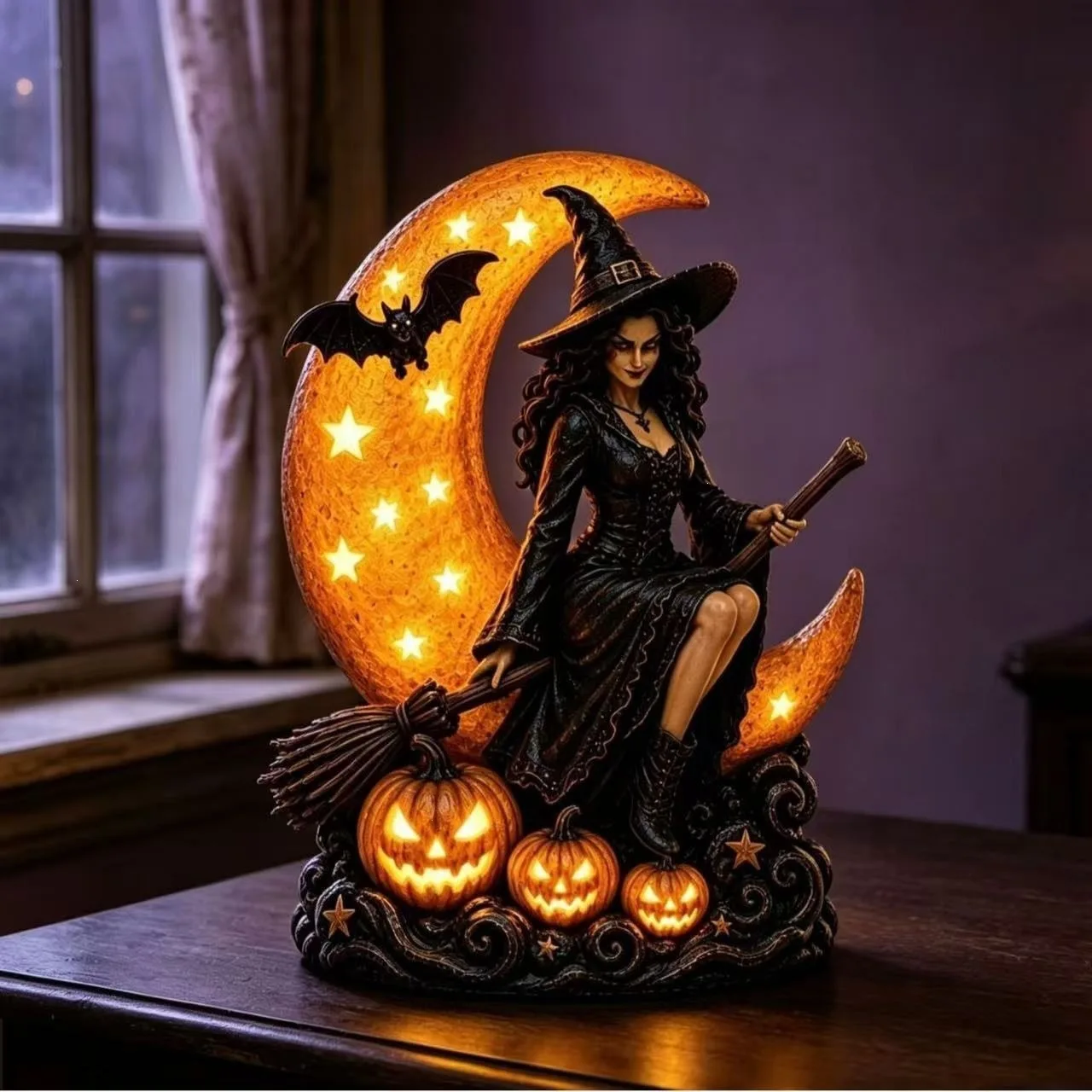 Halloween Gothic Witch Moon LED Night Light Statue Resin Pumpkin Bat Figurine Vintage Spooky Tabletop Ornament Home Party Decor