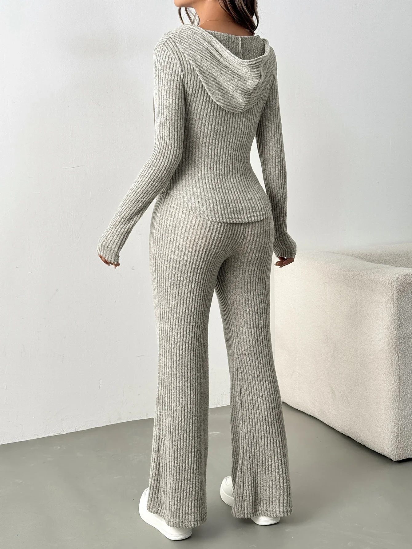 Spring Autumn Fashion Solid Color Sporty Hooded Waist-Cinching Jacket with Pockets And Bell-Ring Knitted Trousers