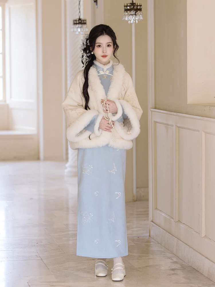Chuan Dai iguang Ling Yue Hui Embroidered Improved Suede Flag Robe Furry Cloak Outerwear Autumn Winter Set Women's Hanfu