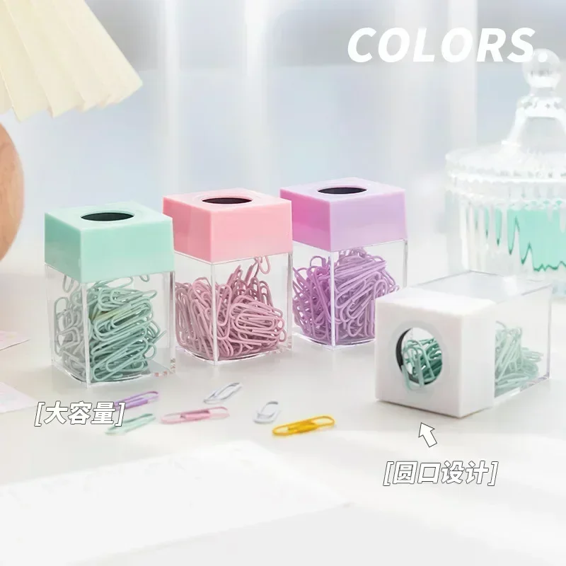 1Pc Macaron Color Creative Magnetic Paper Clip Holder Office School Paperclips Transparent Storage Box with 18pcs Paper Clips