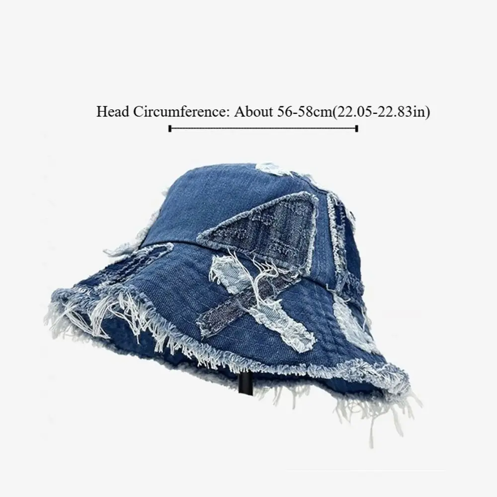 المتخصصة اليابانية الدنيم قبعة بحافة مرقع المتسول نمط الرجعية صياد قبعة الأزرق الربط الشمس حماية حوض قبعة للجنسين #6