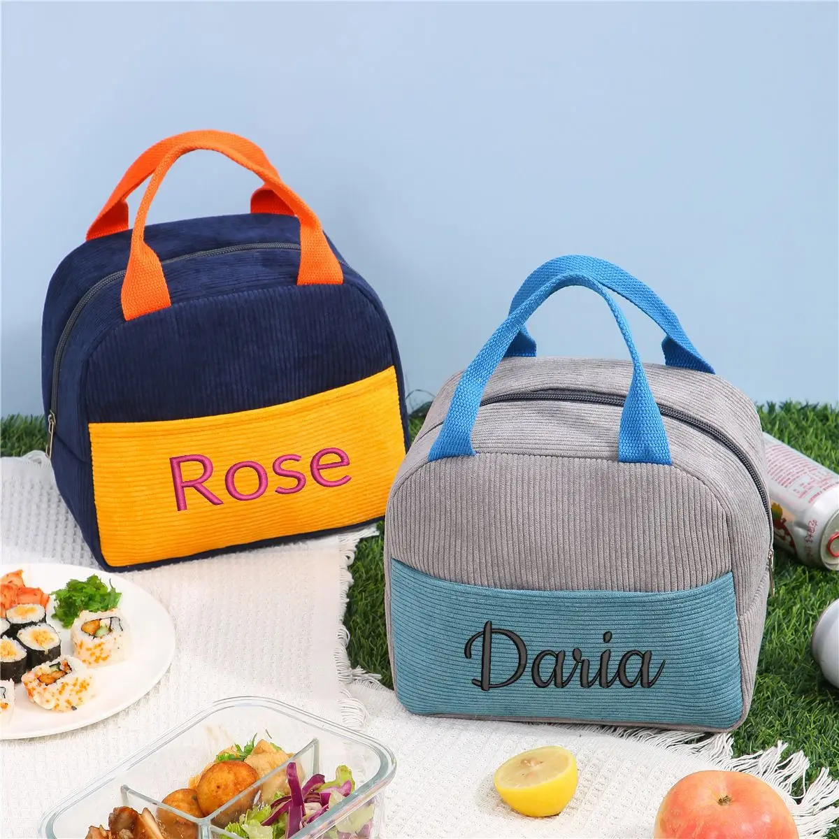Embroidered Name Corduroy Lunch Bag Thickened Waterproof Insulated Divided Bag Personalized Small Fresh Style Thermal Food Pouch