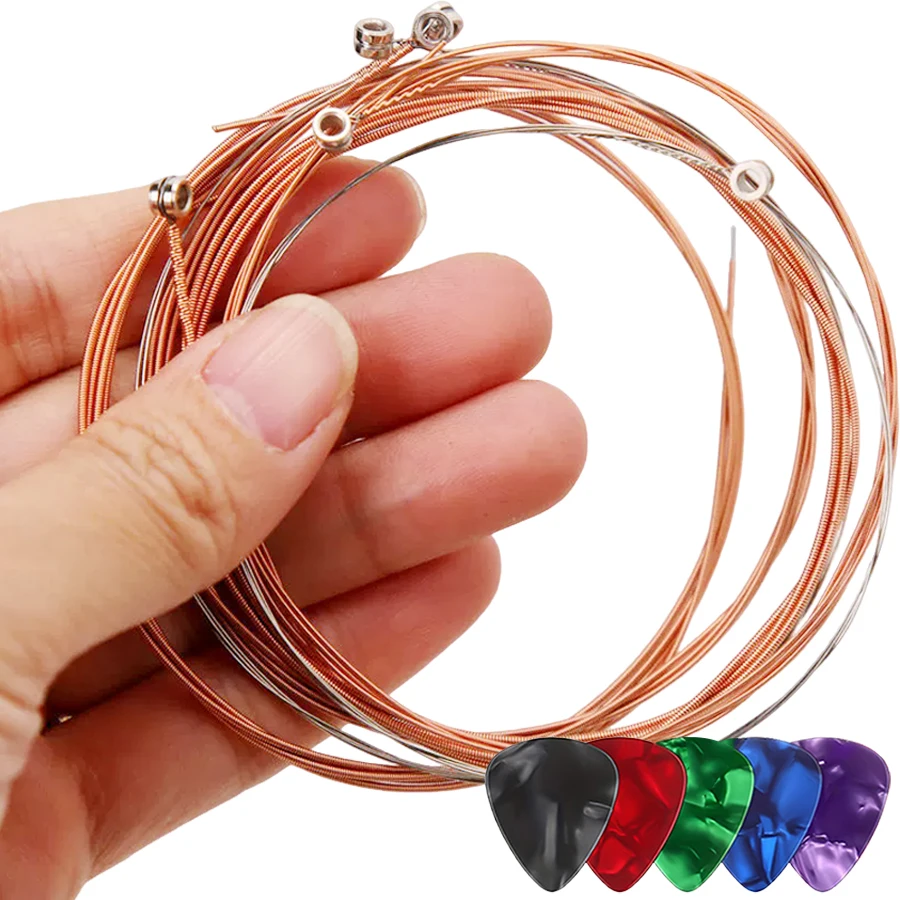 6pcs Red Copper Acoustic Guitar Strings & 5pcs 0.5mm Picks - Universal Wooden Guitar Accessories for Beginners & Professionals
