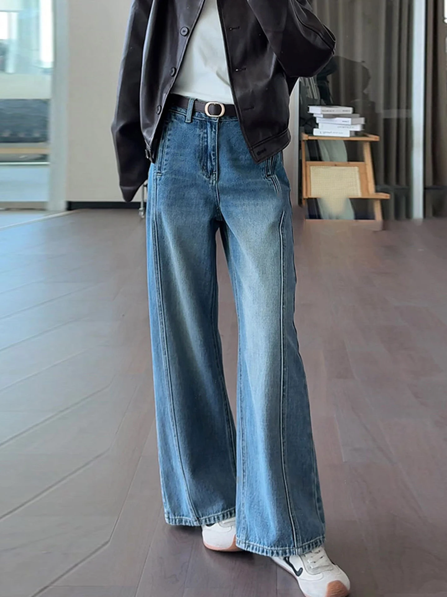 

Джинсы с высокой талией и широкими штанинами, синие, женские, больших размеров, прямого кроя, длинные брюки, осенне-зимние, модные, в стиле ретро