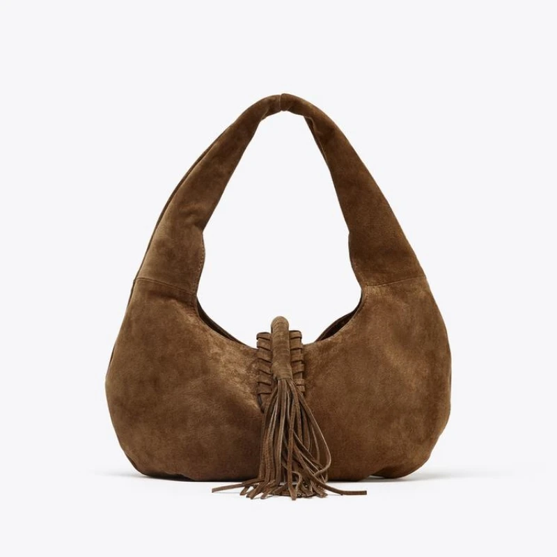 

WOMEN'S FRINGED SHOULDER BAG, Luxury Design Suede Top Handle Handbags, Solid Color Half-Moon Shoulder Bags