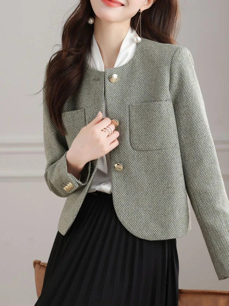 Jmprs Korean Chic Tweed Jackets Women Casual Fashion Long Sleeve Elegant Coat Sweet O Neck Female Fall Winter Outwear Tops New