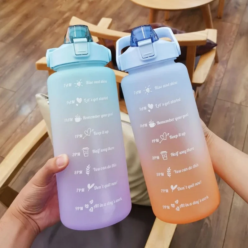 2L Water Bottle with Straw Large Capacity Portable Plastic Cup with Time &Capacity Sports Water Cup Fitness Gym Running Exercise