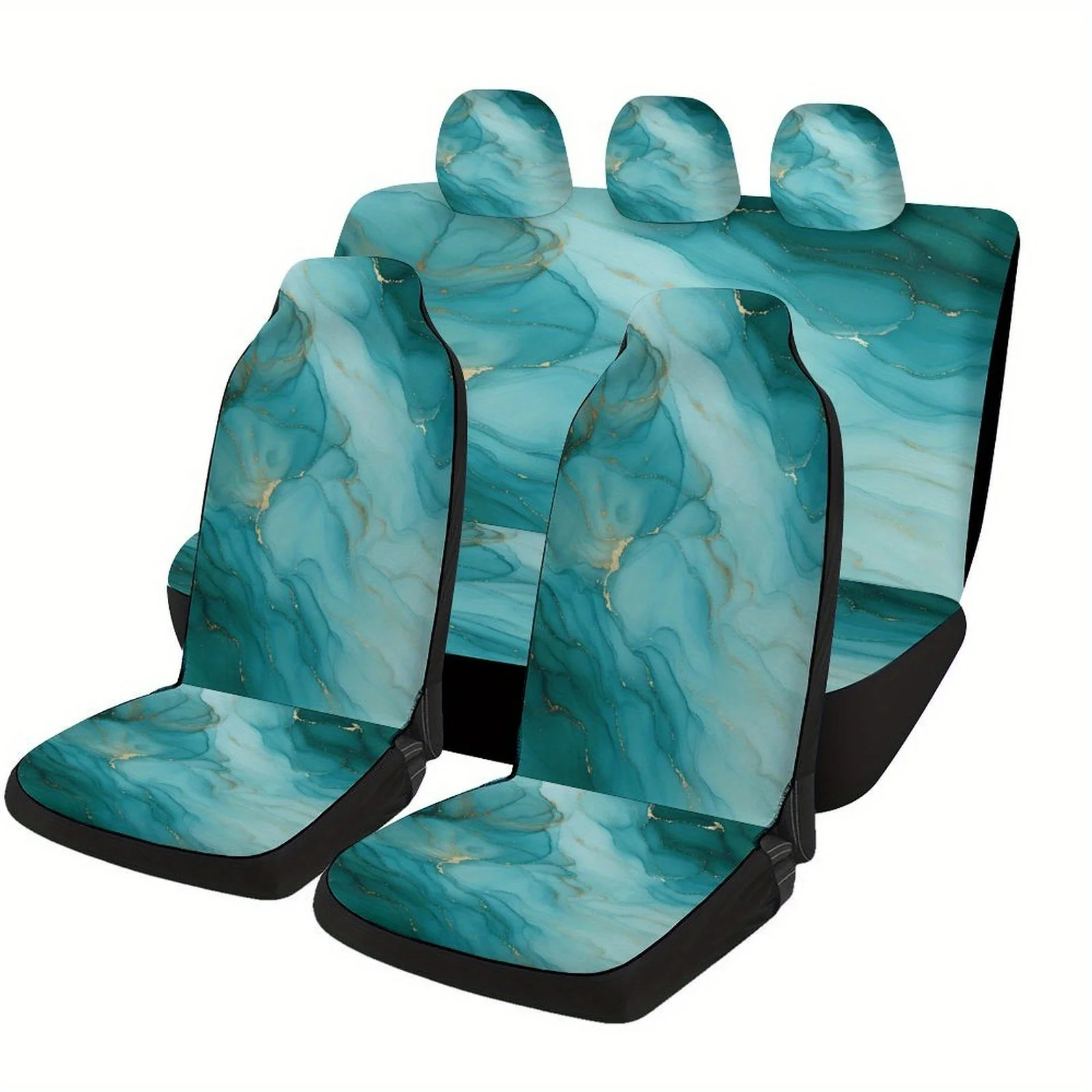 

Teal Marble Golden Designed Car Seat Cover Set For Most Cars, Trendy Novelty High-quality Car Seat Protector Covers Full Set, Un